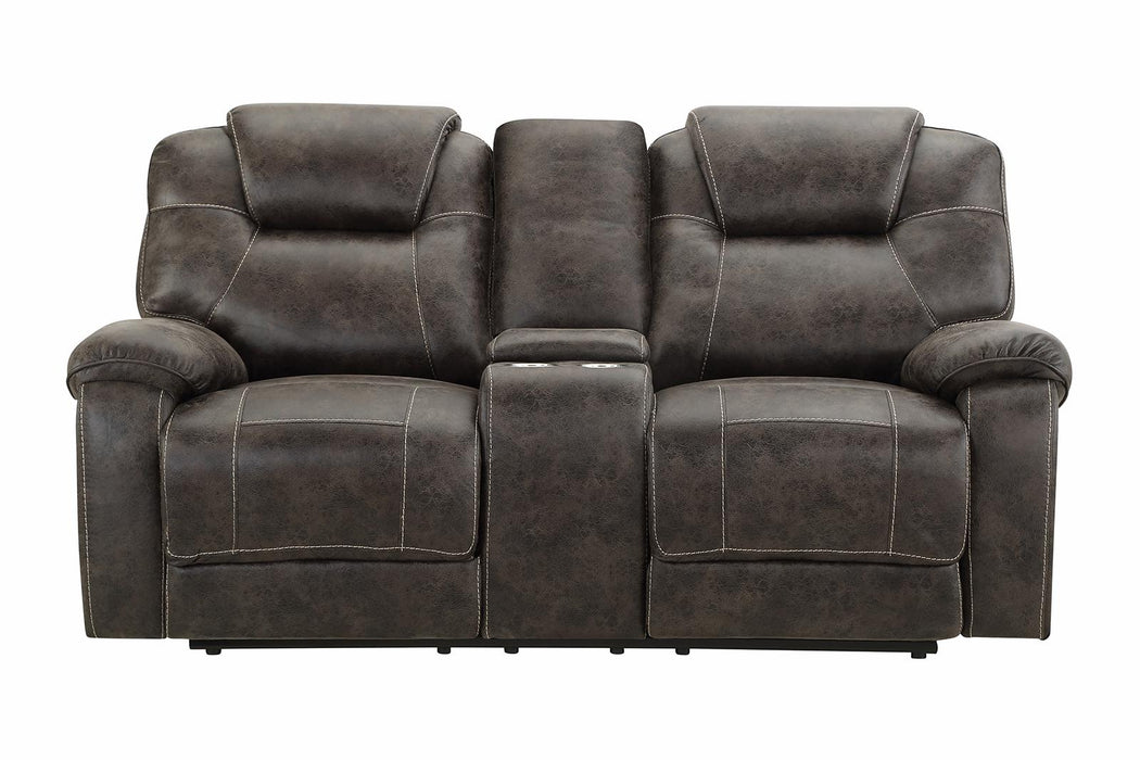 New Classic Furniture Anton Dual Recliner Console Loveseat with Power Footrest in Chocolate