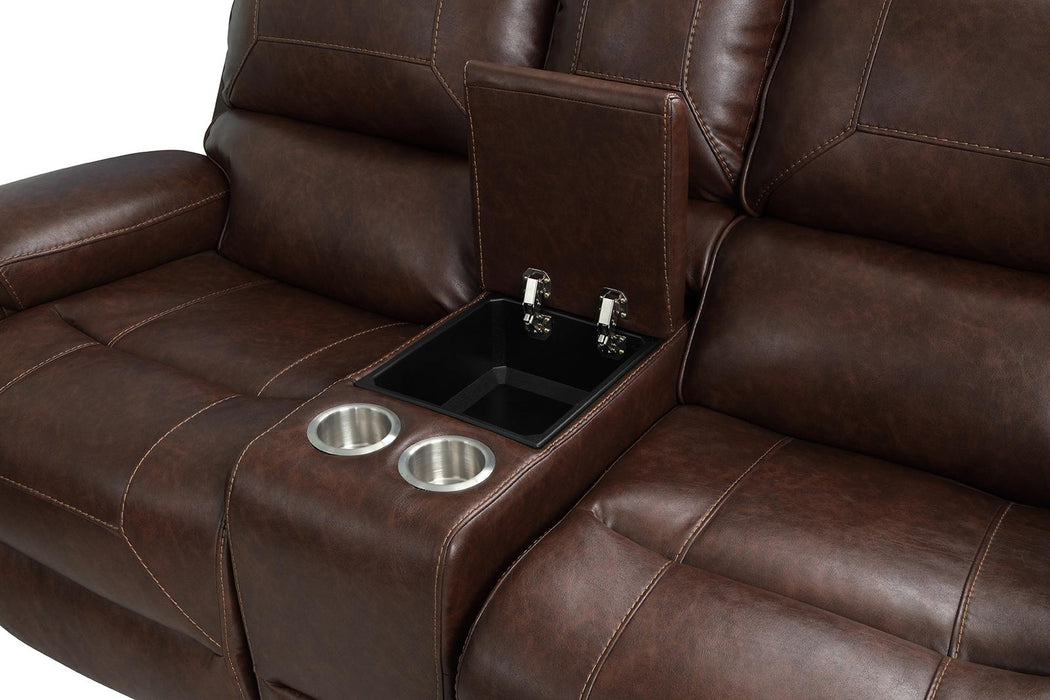 New Classic Furniture Taos Dual Recliner Glider Console Loveseat in Caramel