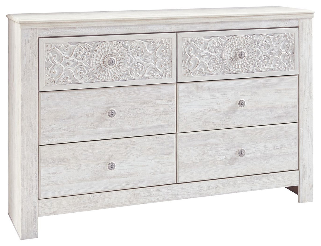 Paxberry - Dresser, Mirror - Medallion Drawer Pulls - Whitewash