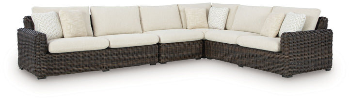 Kimora - 7 Pc. - 4-Piece Outdoor Sectional, Swivel Glider Lounge, Cocktail Table, End Table - Beige / Dark Brown