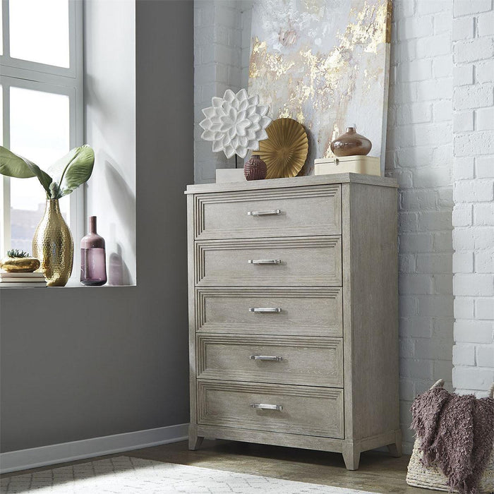 Liberty Furniture Belmar 5 Drawer Chest in Washed Taupe and Silver Champagne image