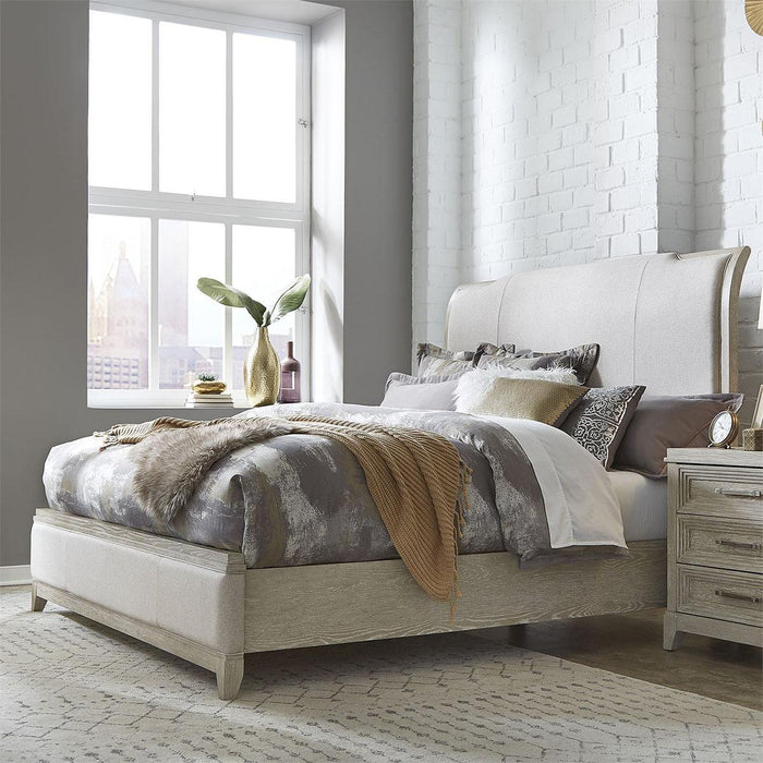Liberty Furniture Belmar Queen Upholstered Sleigh Bed in Washed Taupe and Silver Champagne image