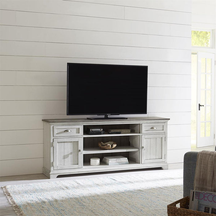 Liberty Furniture Ocean Isle 72 Inch Entertainment TV Stand in Antique White with Weathered Pine image